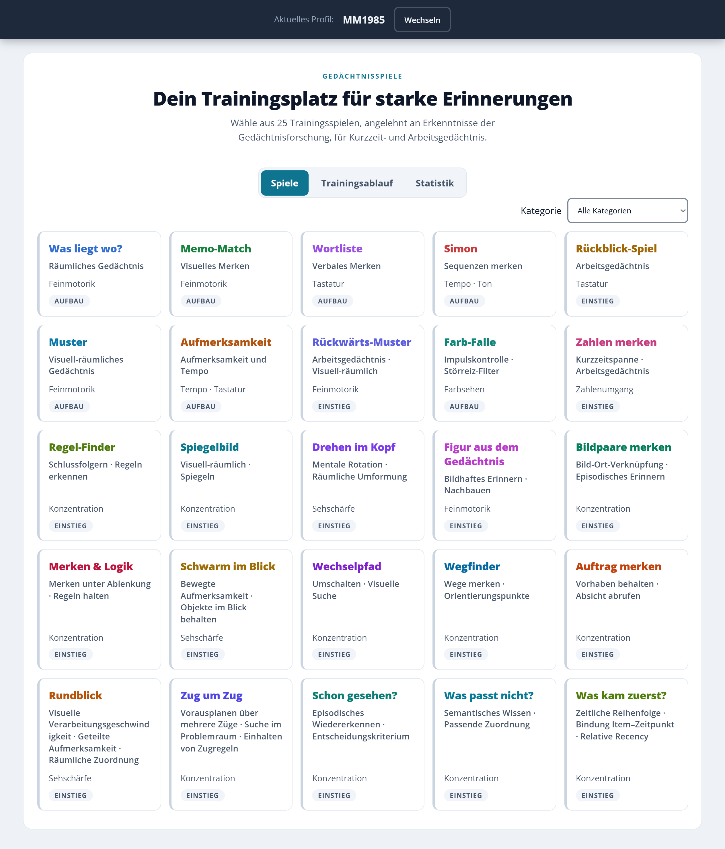Spielekatalog der Anwendung: alle 25 Übungen als Karten mit Aufgabenbereich und Schwierigkeitsstufe