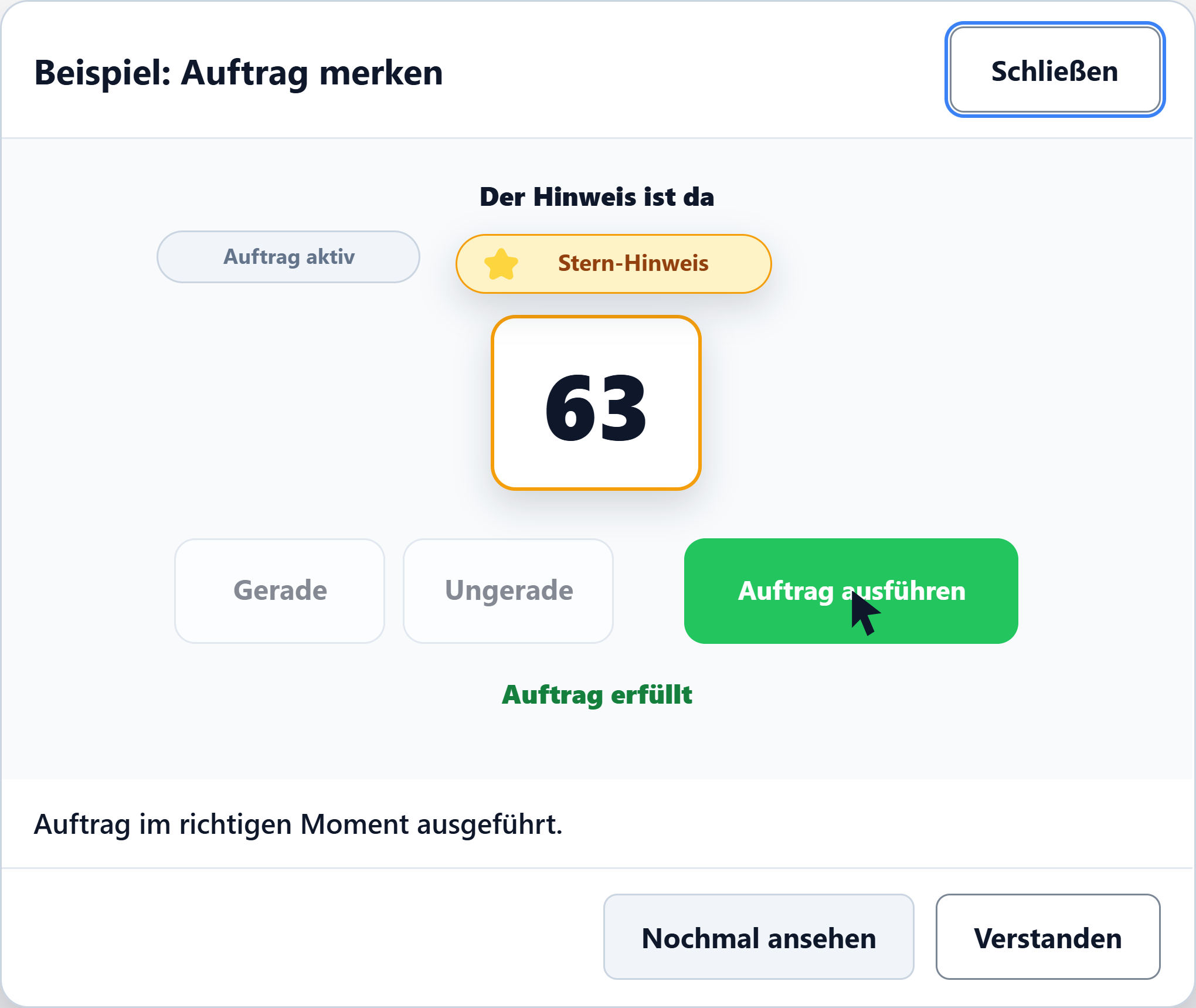 Vorführung Auftrag merken: Stern-Hinweis erscheint, Auftrag wird ausgeführt