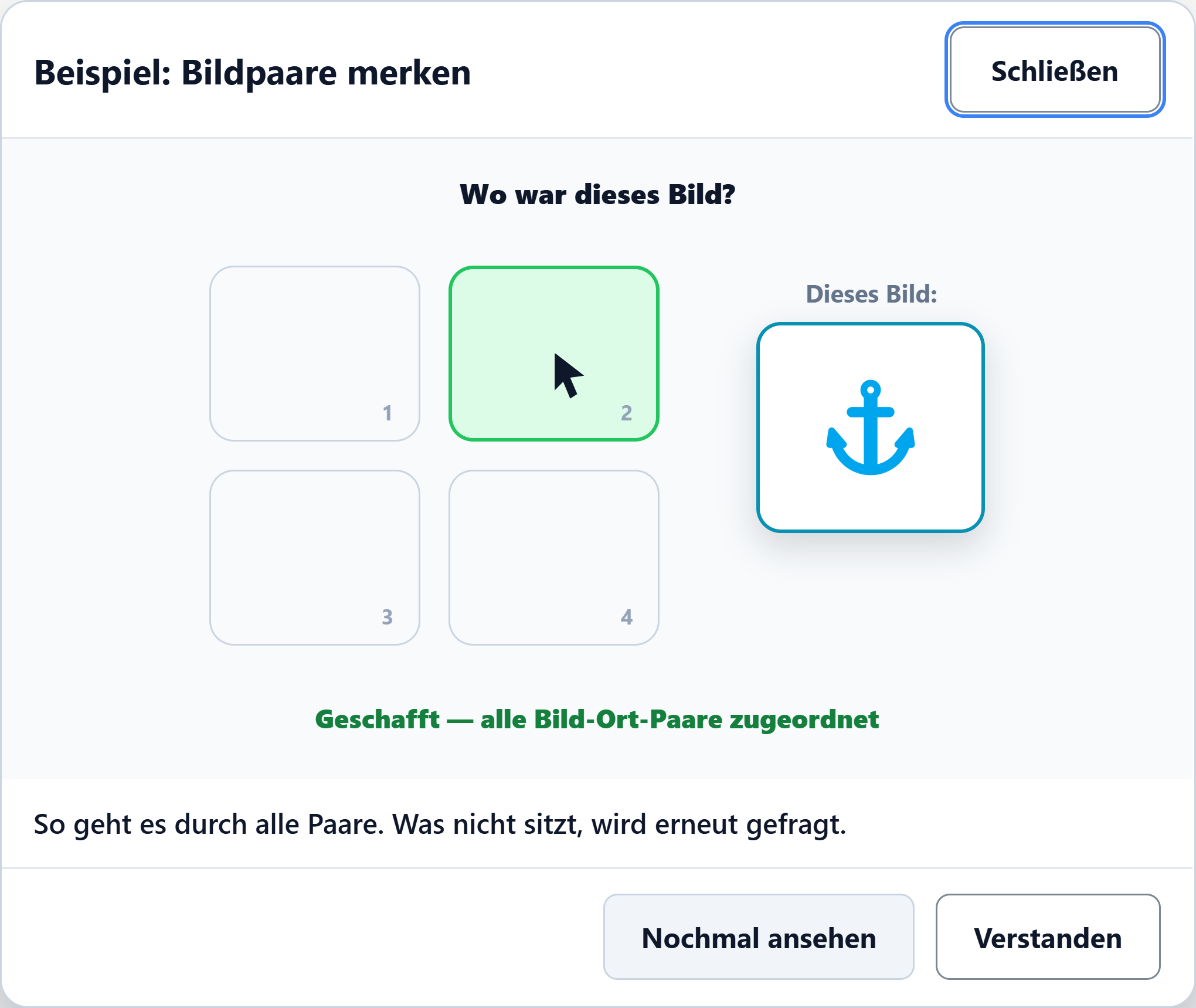 Vorführung Bildpaare merken: Bilder werden Orten zugeordnet